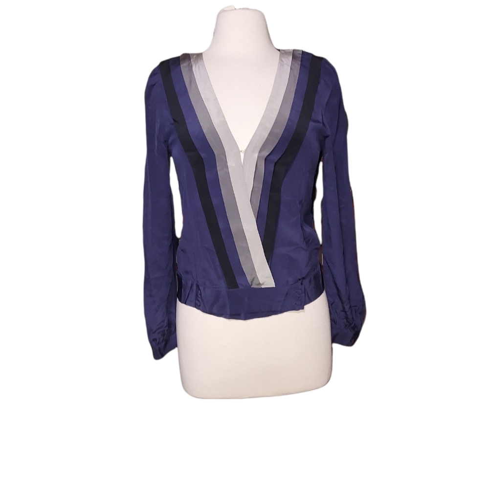 Beyond Vintage S 100% Silk Blouse Open Front Long Sleeve Striped Blue Wo…